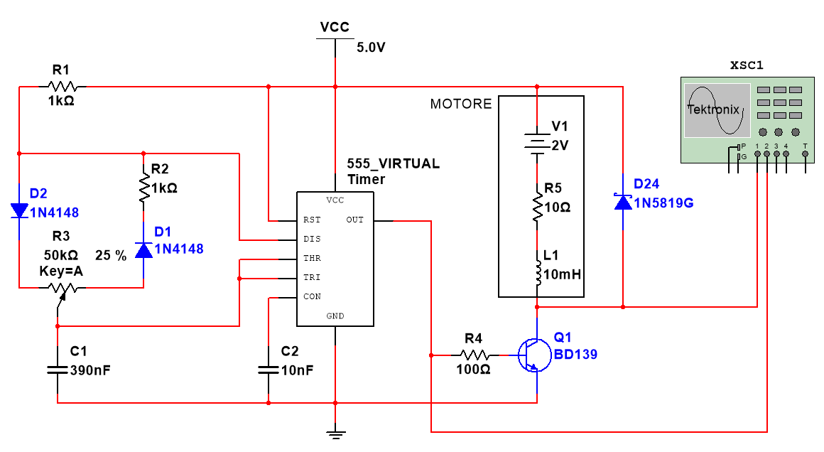 controllo PWM di un motore DC con 555 e BJT
